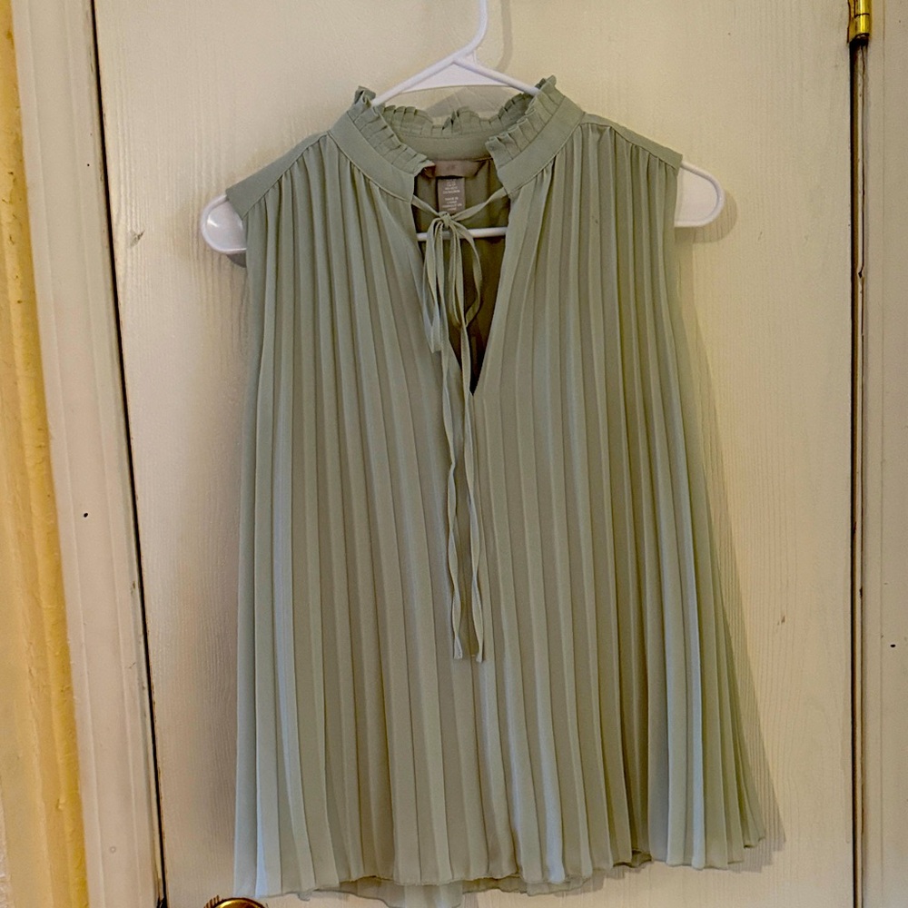 H&M Pleated Tie-Neck Blouse - Light Green